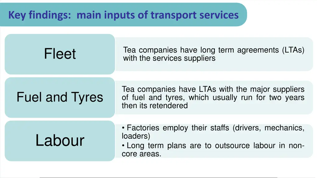 key findings main inputs of transport services