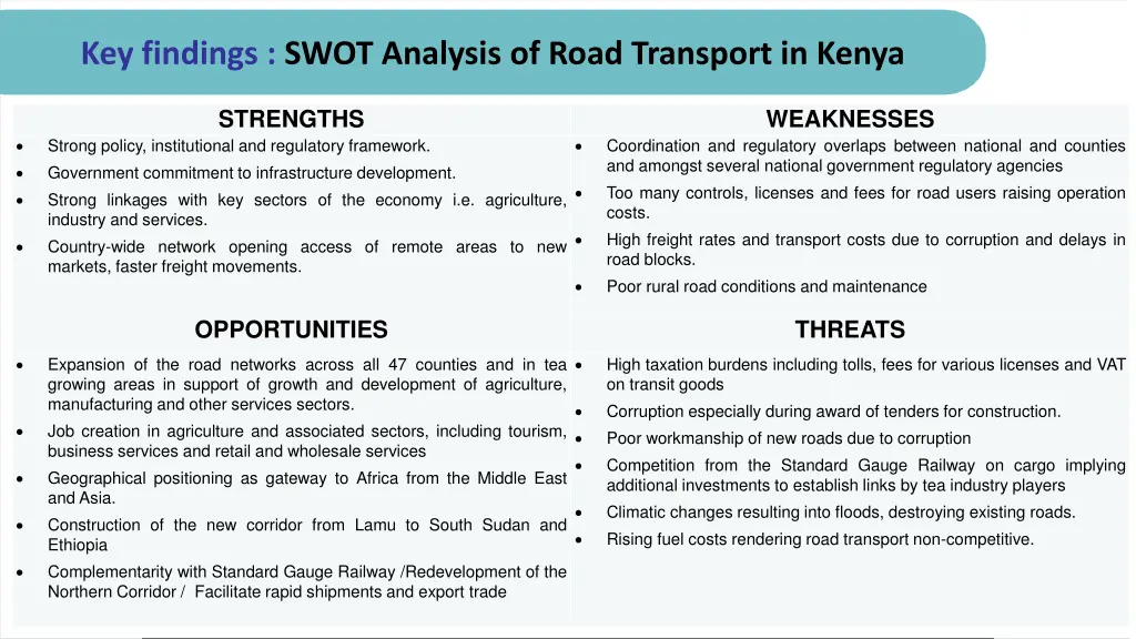 key findings swot analysis of road transport