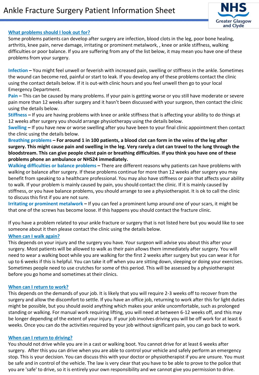 ankle fracture surgery patient information sheet