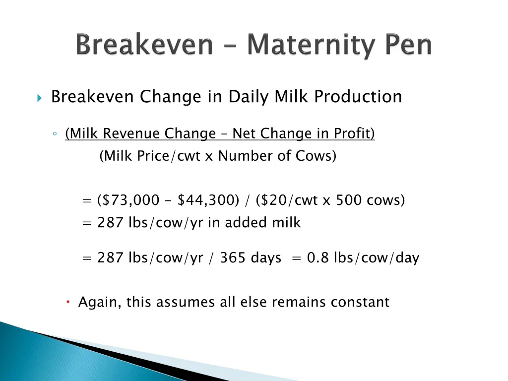 breakeven change in daily milk production