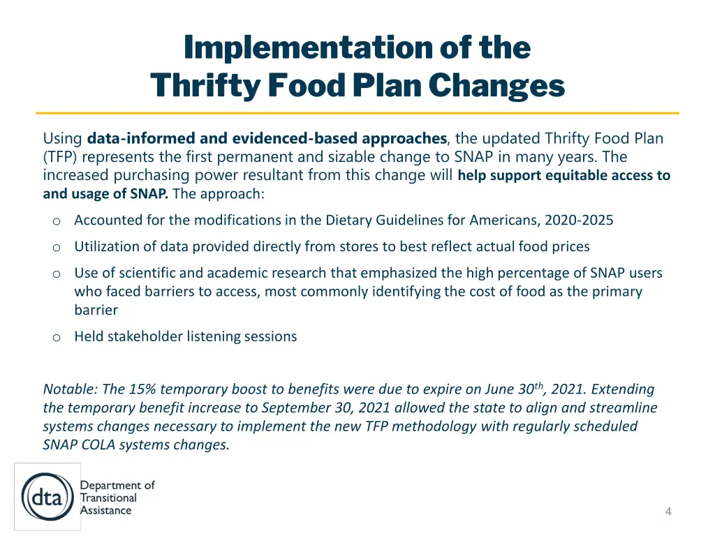 implementation of the thrifty food plan changes