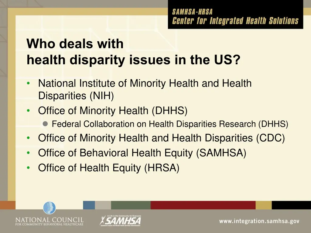 who deals with health disparity issues in the us