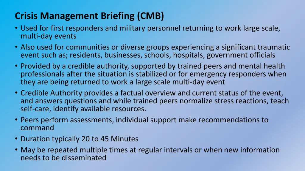 crisis management briefing cmb used for first