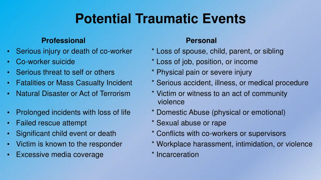 potential traumatic events