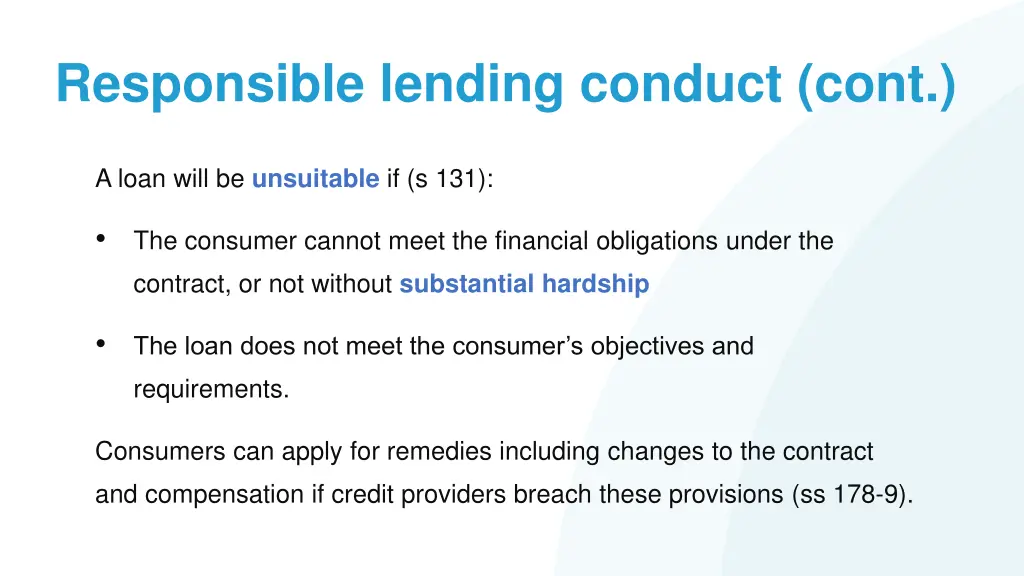 responsible lending conduct cont