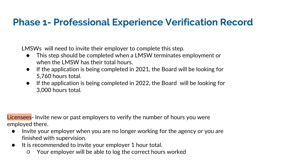 phase 1 professional experience verification