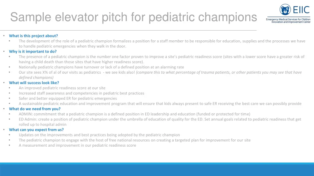 sample elevator pitch for pediatric champions 1