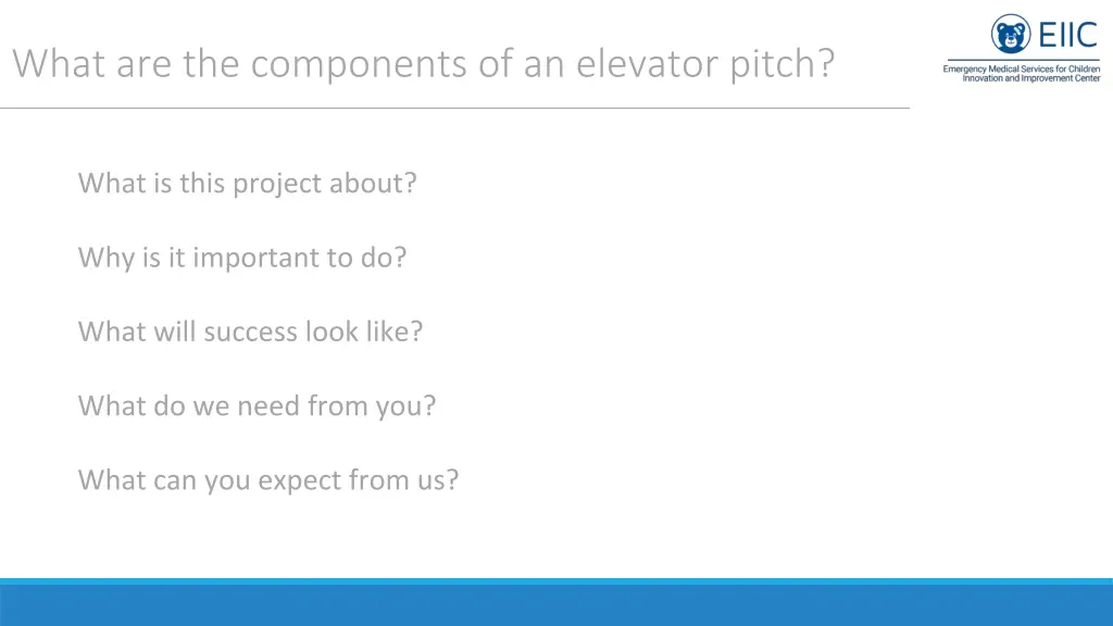 what are the components of an elevator pitch