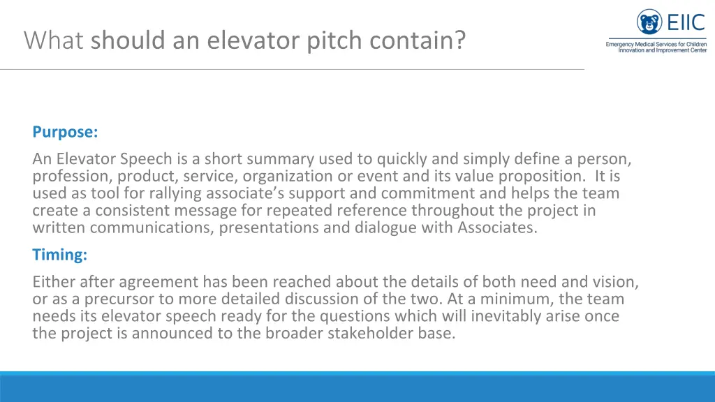 what should an elevator pitch contain