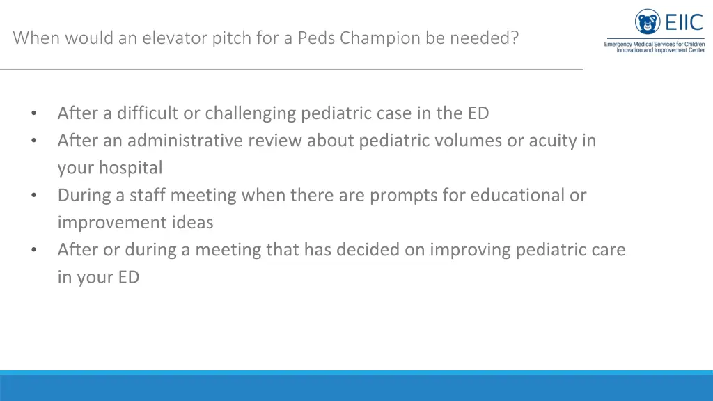 when would an elevator pitch for a peds champion