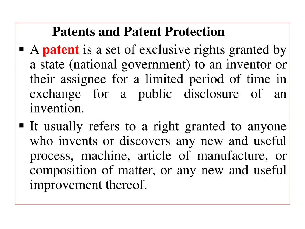 patents and patent protection a patent