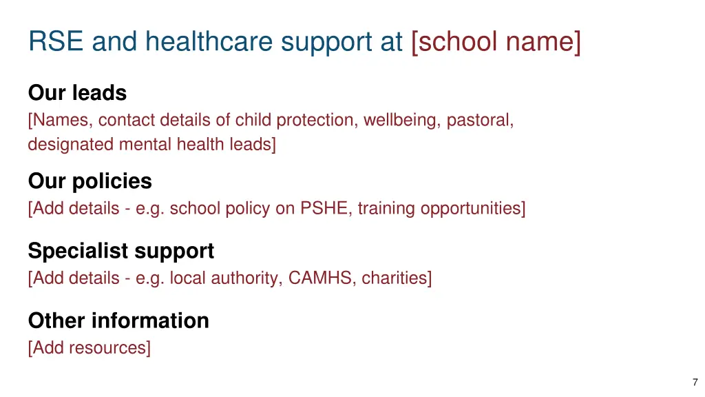 rse and healthcare support at school name