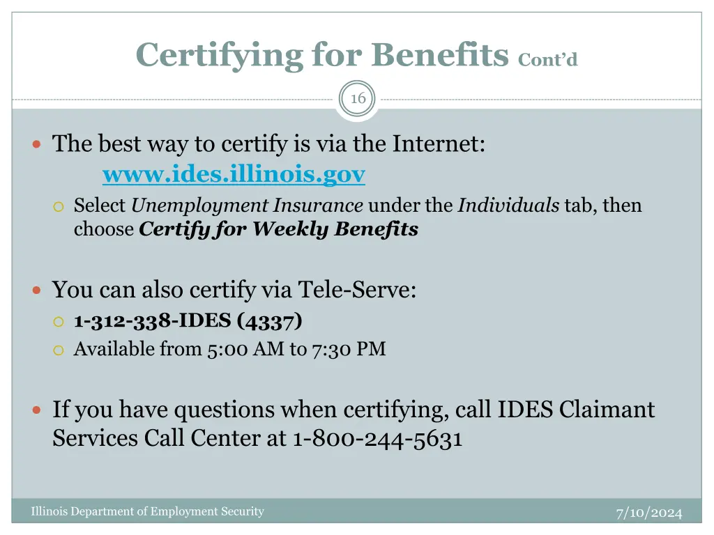 certifying for benefits cont d