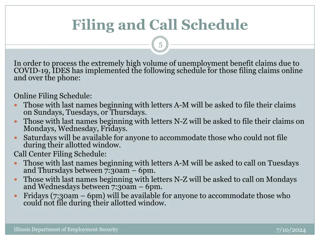 filing and call schedule