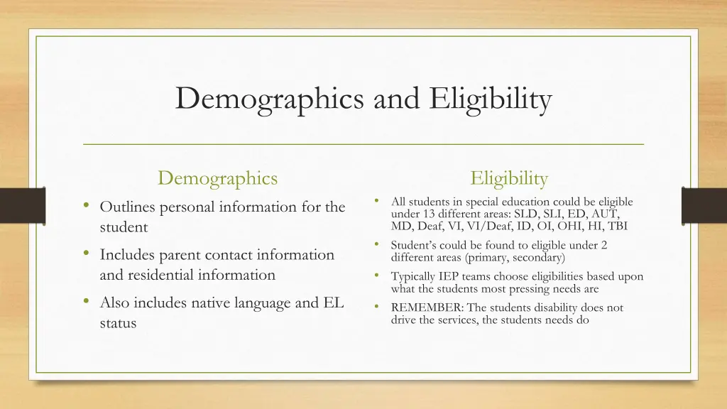 demographics and eligibility