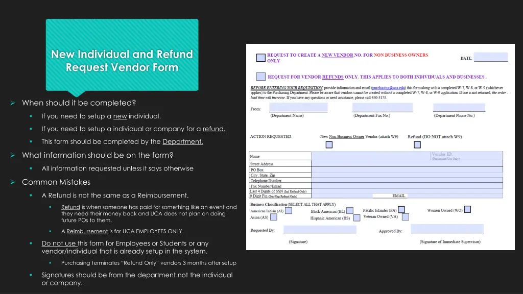 new individual and refund request vendor form