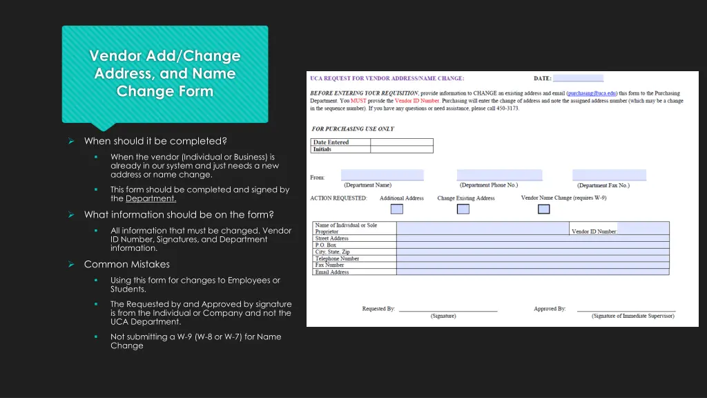 vendor add change address and name change form