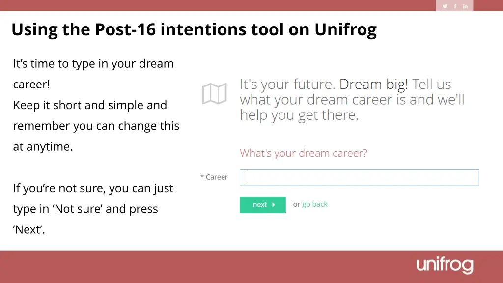 using the post 16 intentions tool on unifrog 1