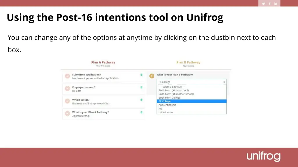 using the post 16 intentions tool on unifrog 3