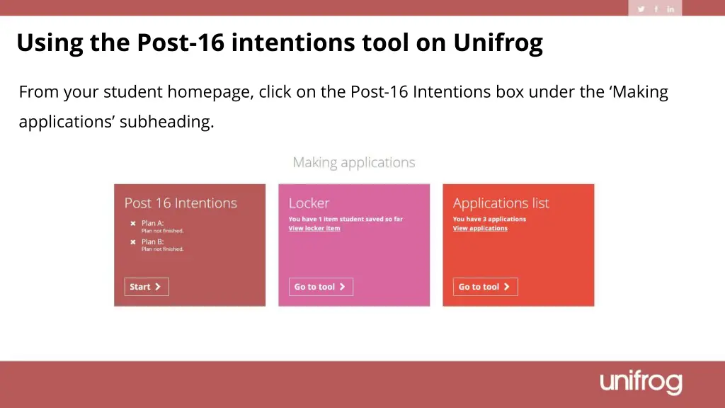 using the post 16 intentions tool on unifrog