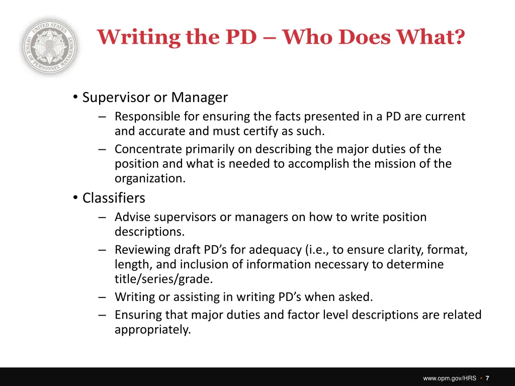 writing the pd who does what