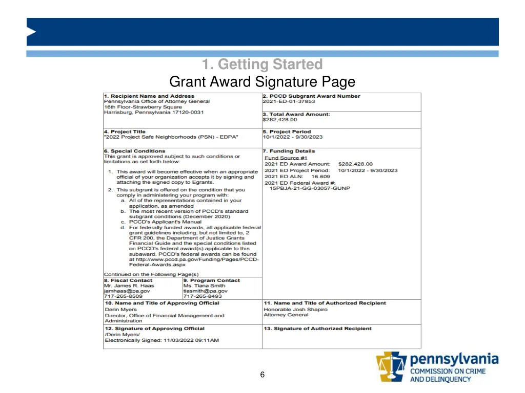 1 getting started grant award signature page