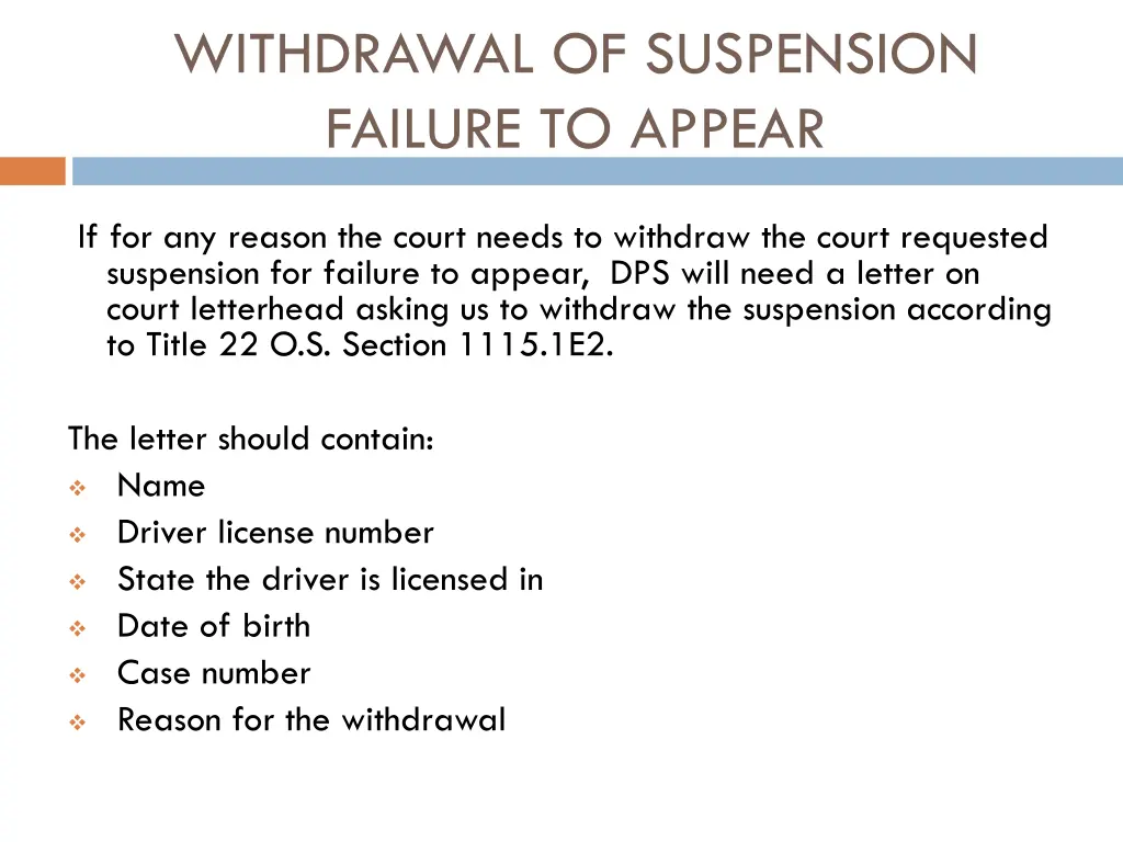 withdrawal of suspension failure to appear