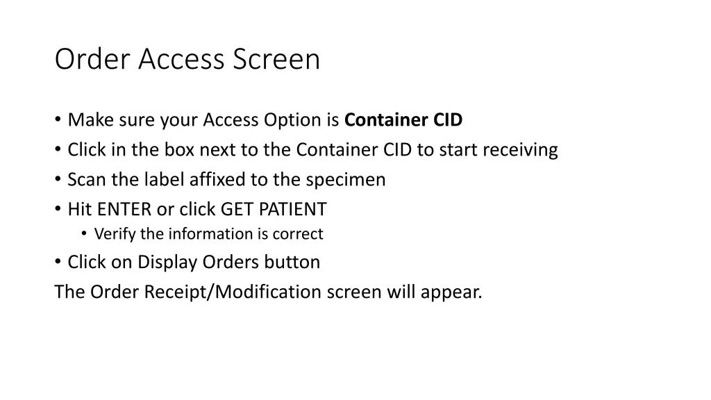 order access screen