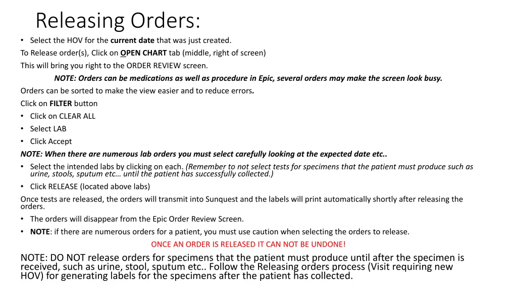 releasing orders select the hov for the current