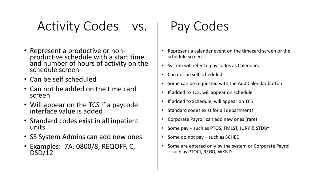 activity codes vs pay codes