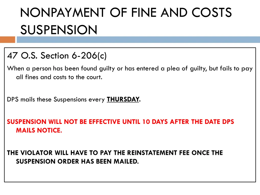 nonpayment of fine and costs suspension