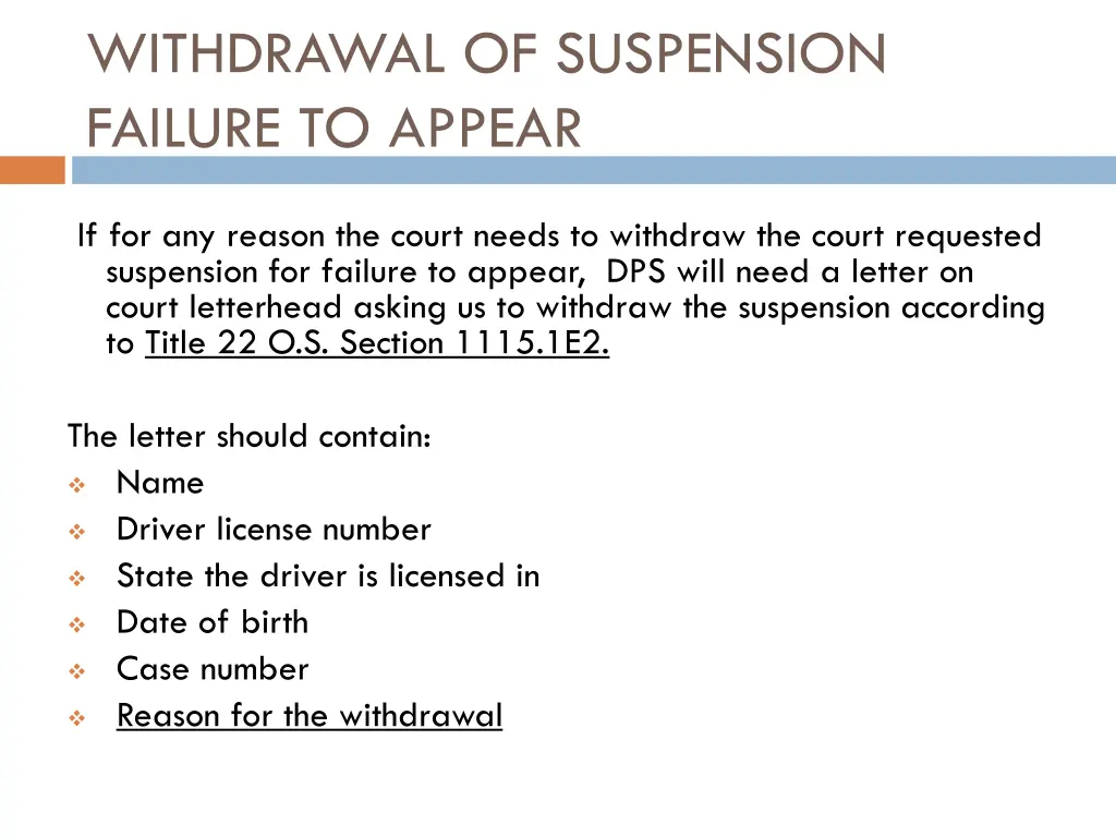 withdrawal of suspension failure to appear