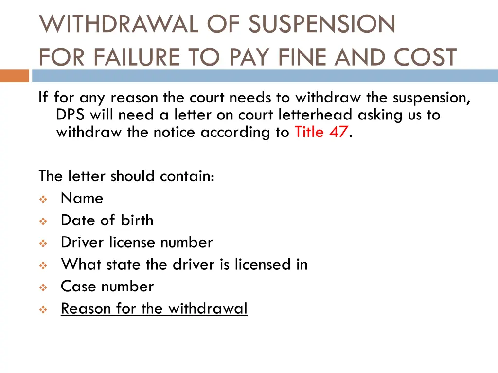 withdrawal of suspension for failure to pay fine