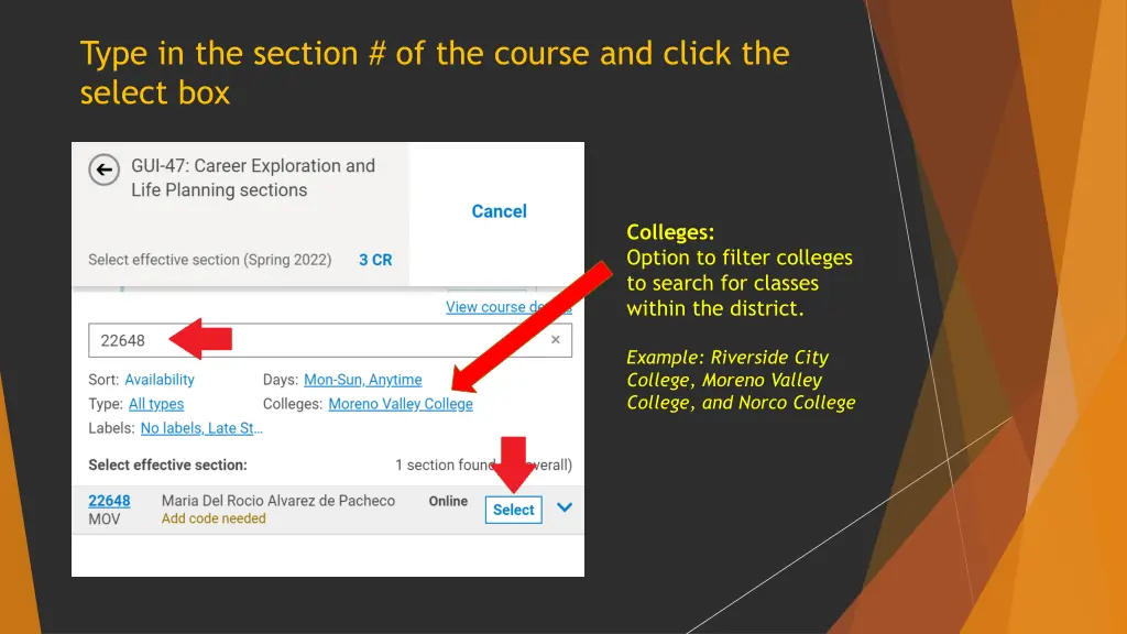 type in the section of the course and click