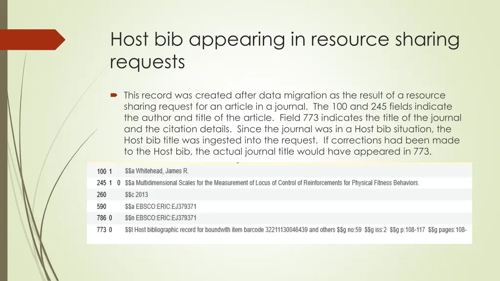 host bib appearing in resource sharing requests