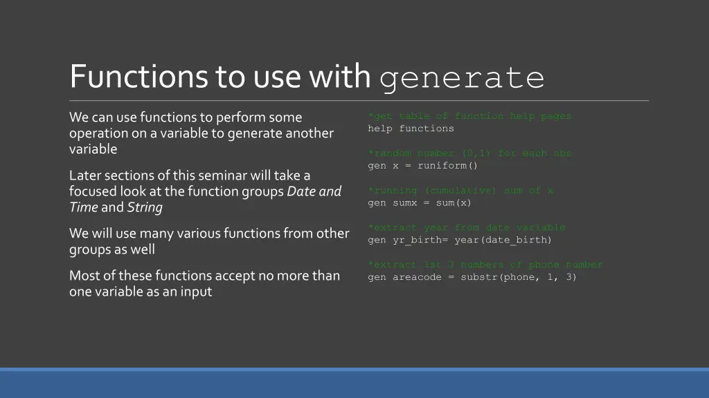 functions to use with generate