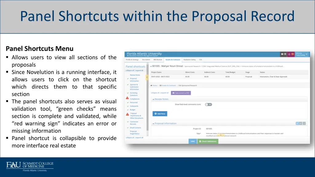 panel shortcuts within the proposal record