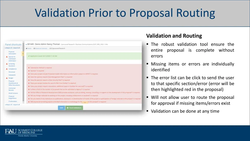 validation prior to proposal routing