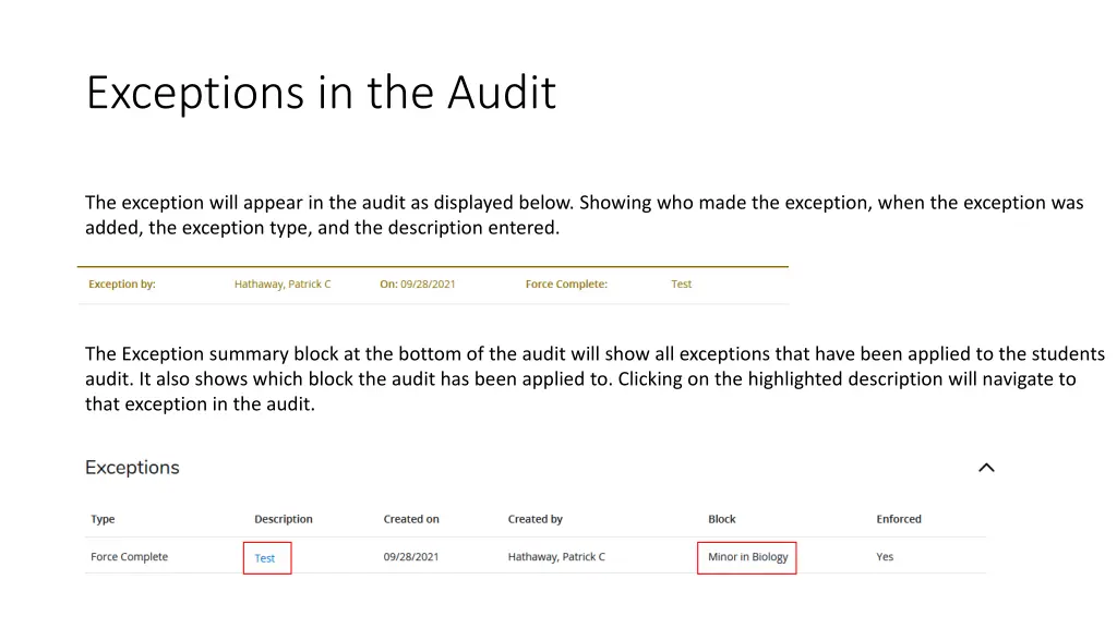 exceptions in the audit