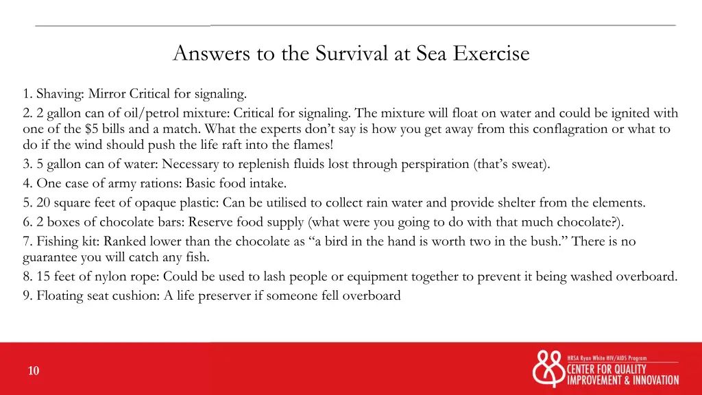 answers to the survival at sea exercise