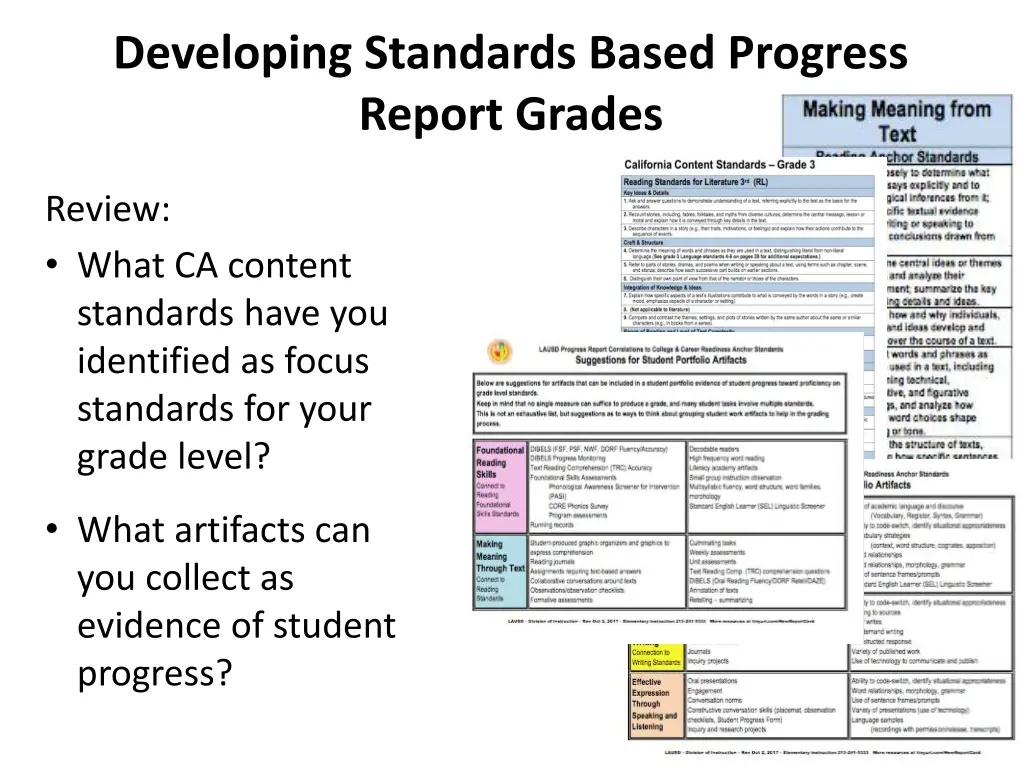 developing standards based progress report grades