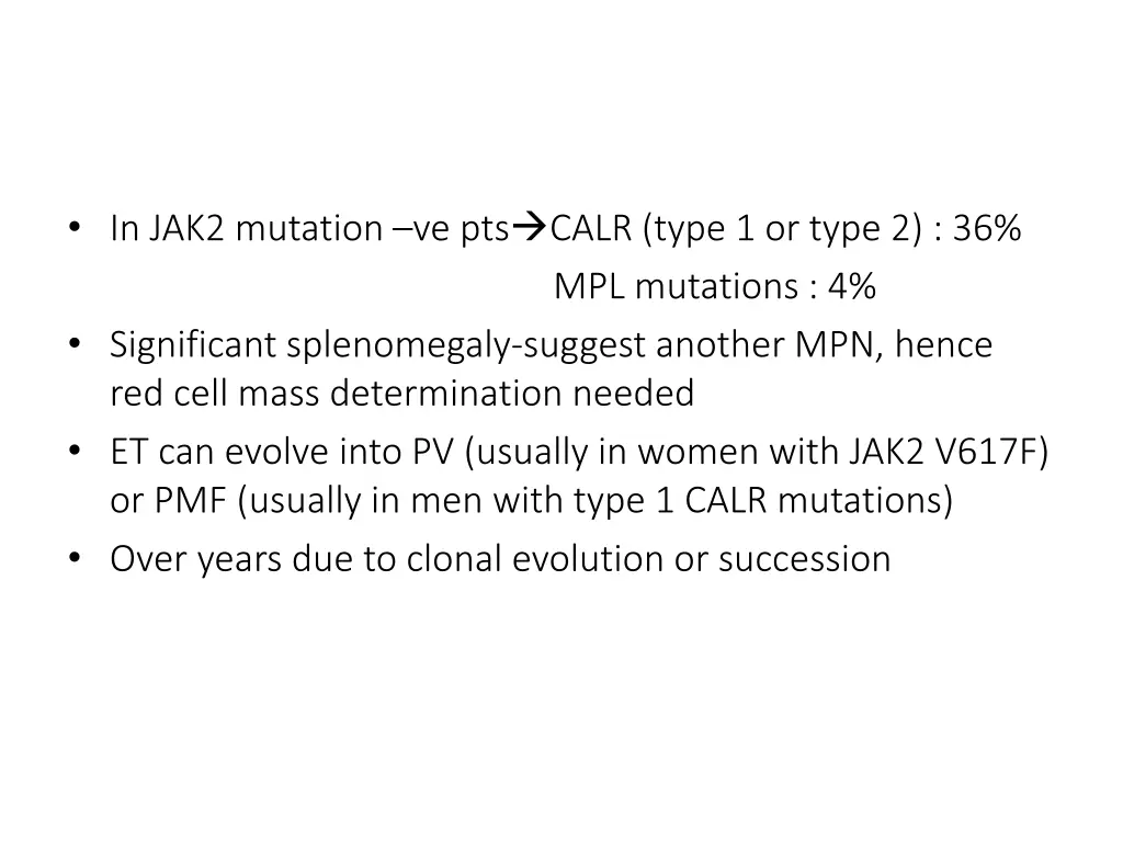 in jak2 mutation ve pts calr type 1 or type