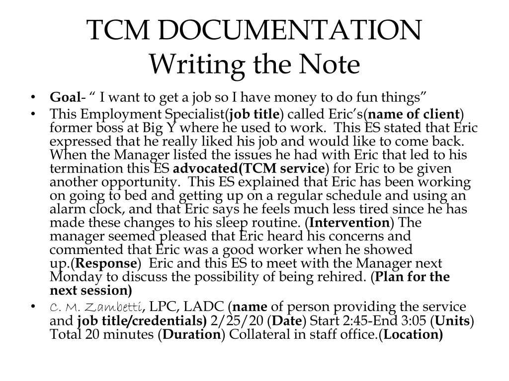 tcm documentation writing the note 2