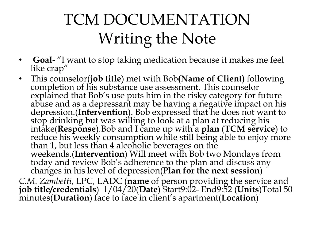 tcm documentation writing the note 4