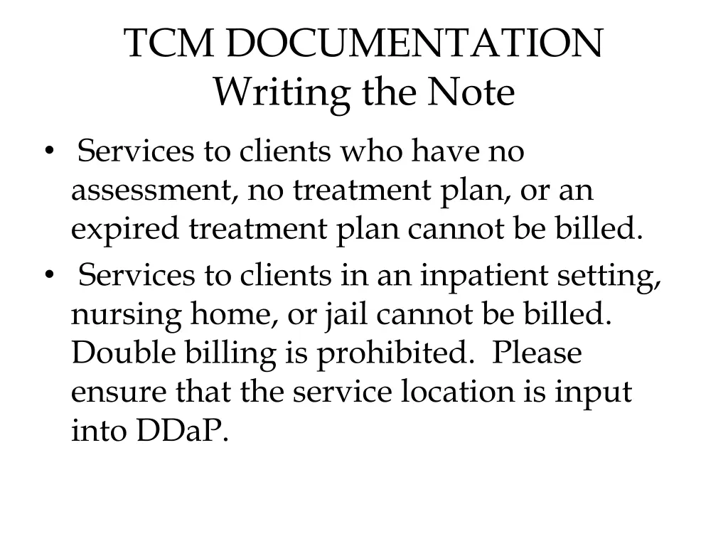 tcm documentation writing the note services