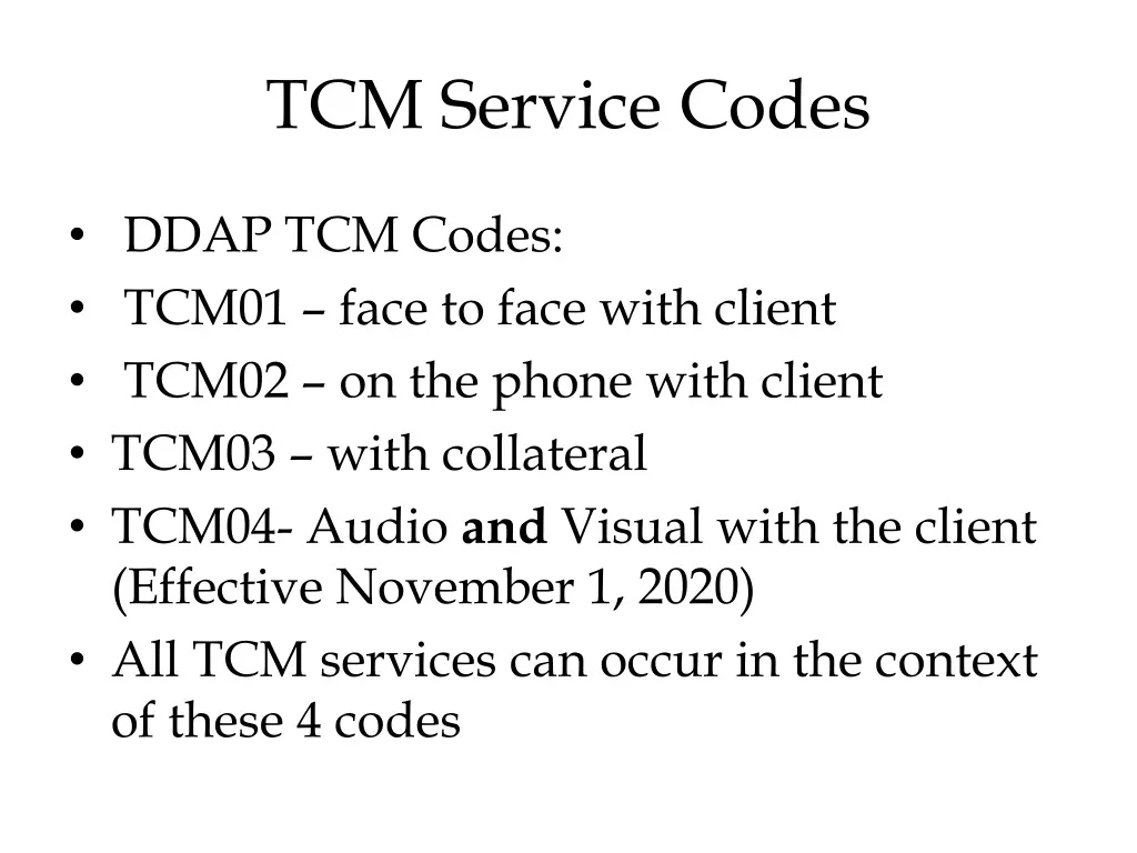 tcm service codes