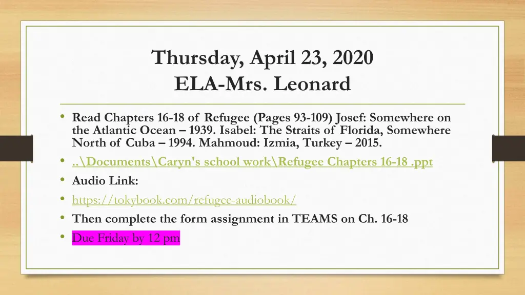 thursday april 23 2020 ela mrs leonard