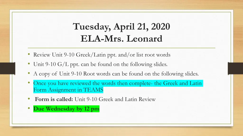 tuesday april 21 2020 ela mrs leonard