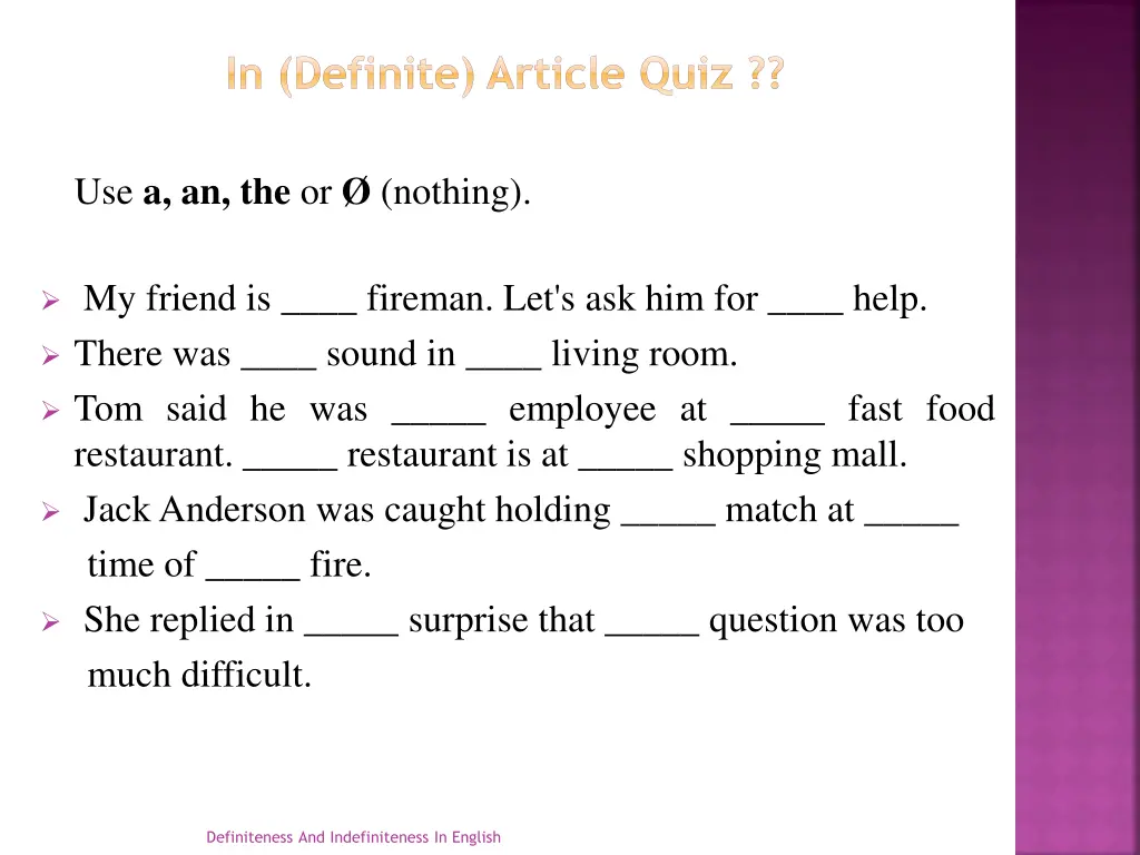 in definite article quiz