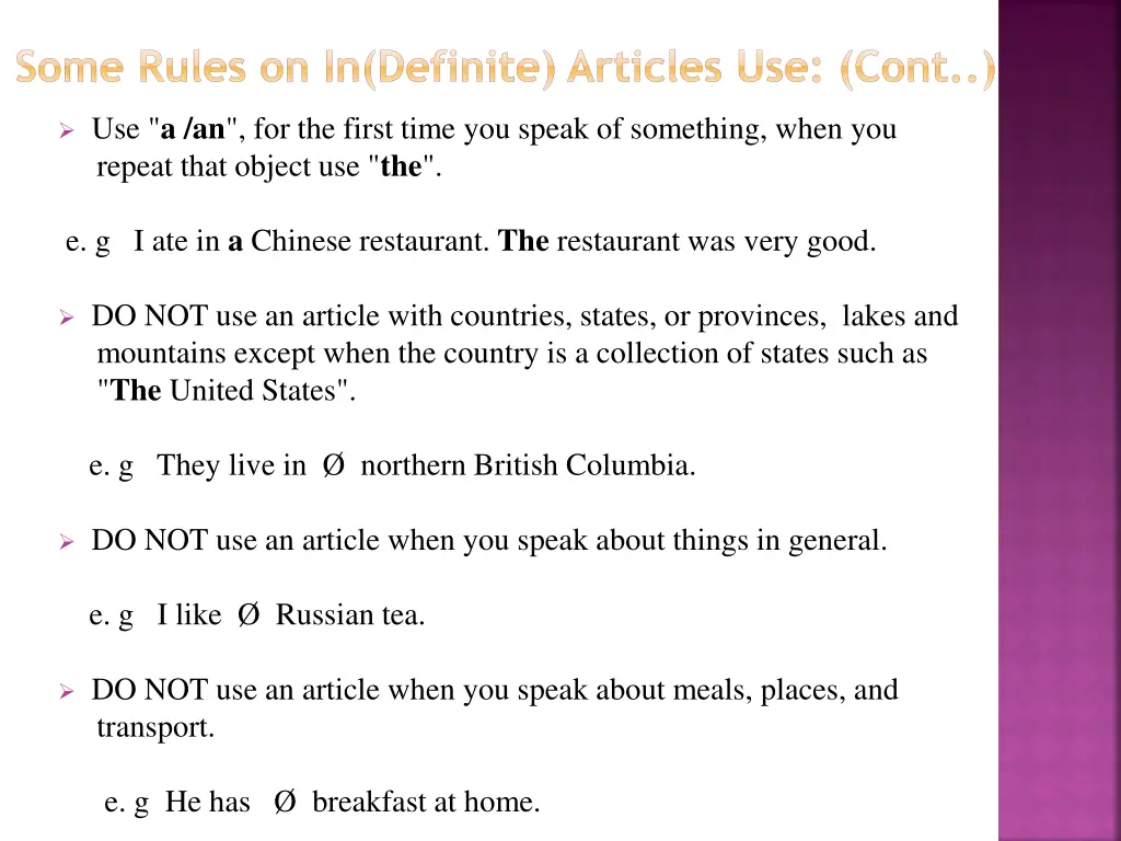 some rules on in definite articles use cont